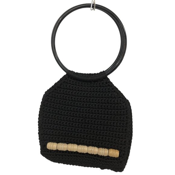 VTG 70s Black Macrame Purse Bag Round Handles Wood Beads Boho Handmade Retro - Picture 1 of 11